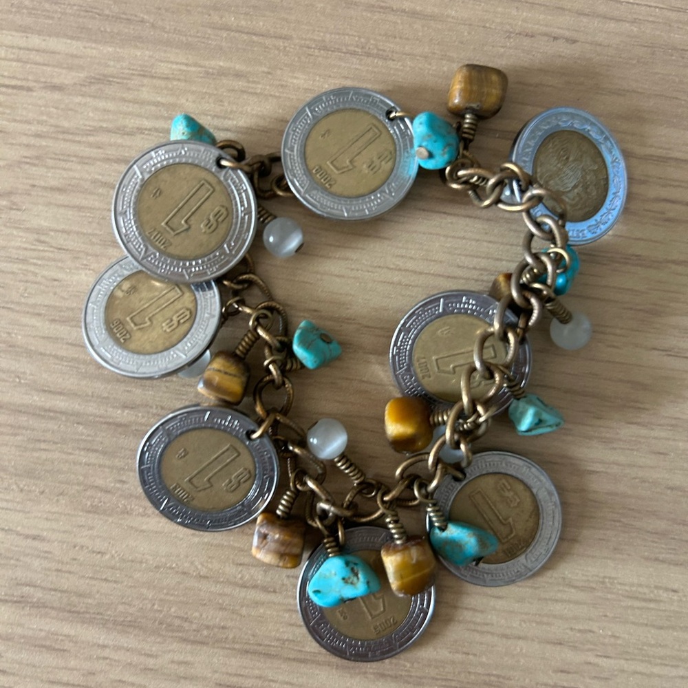 Turquoise and Gold Coin Charm Bracelet